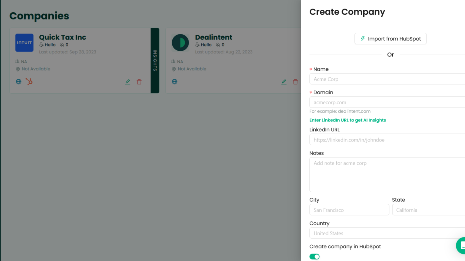 Sync HubSpot Companies with Dealintent Bi-directionally